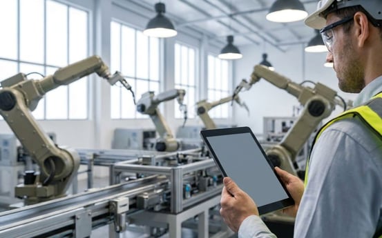 タブレットを持って製造ラインを点検する作業員と、その背後で稼働するロボットアーム